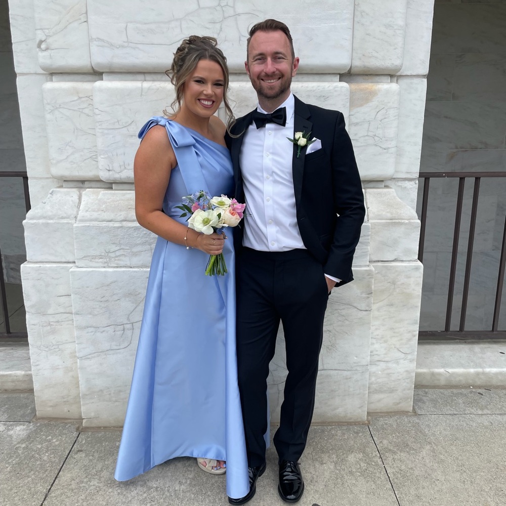 BOW ONE-SHOULDER FULL A-LINE SATIN MAXI DRESS IN SKY BLUE